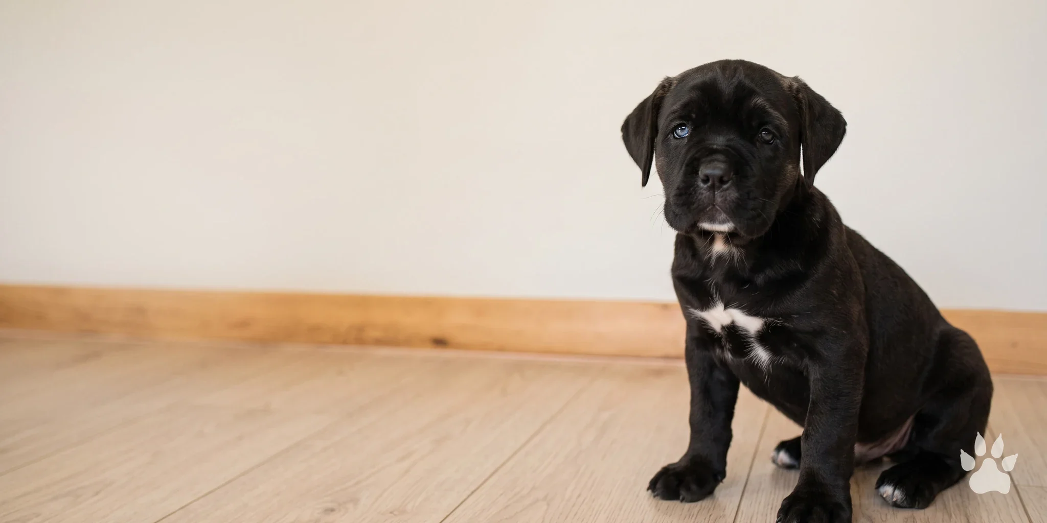 Filhote de Cane Corso preto sentado em piso de madeira