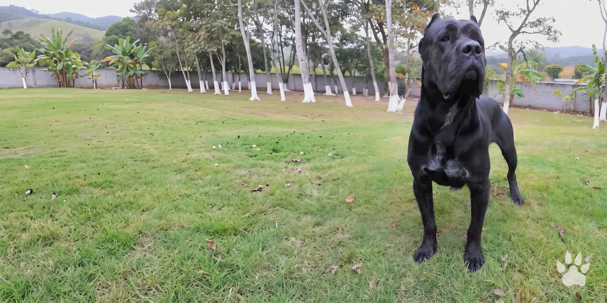 Cane Corso preto adulto em pé no gramado do Canil Mansur